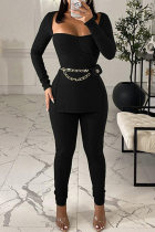 ブラックファッションカジュアルソリッドスリットスクエアカラー長袖ツーピース