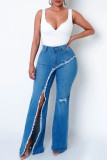 Blue Fashion Casual Solid Ripped Slit High Waist Regular Denim Jeans