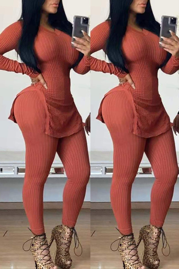 Brick red Sexy Fashion adult Split Two Piece Suits Solid pencil Long Sleeve