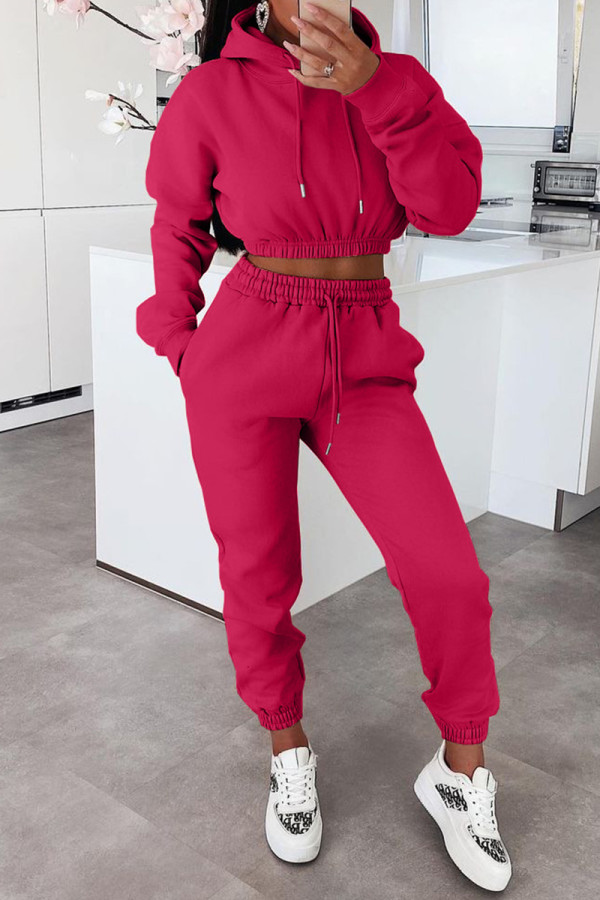 Rose Rood Mode Casual Solid Basic Hooded Kraag Lange Mouw Twee Stukken