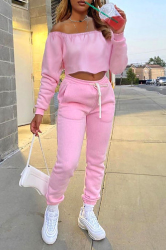 Pink Casual Solid Patchwork Off the Shoulder Long Sleeve Two Pieces