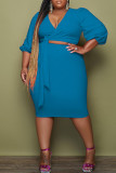 Blue Fashion Casual Solid Bandage V-hals Plus Size Two Pieces
