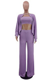Purple Fashion Casual Solid Hollowed Out Patchwork O Neck Long Sleeve Three-piece Set