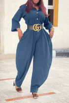 Gray Blue Casual Solid Patchwork Buckle Turndown Collar Loose Jumpsuits (Without Belt)