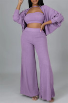 Фиолетовый модный повседневный однотонный лоскутный комплект из трех предметов с круглым вырезом и длинными рукавами