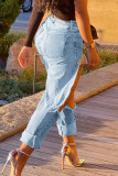 Jeans denim reto reto de cintura alta azul claro sólido rasgado Make Old Patchwork