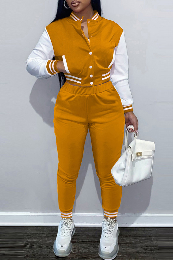 Orange Mode Casual Patchwork Cardigan Pantalon Manches Longues Deux Pièces