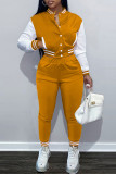 Orange Mode Casual Patchwork Cardigan Byxor Långärmad Två delar