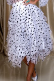 Белый модный элегантный принт в горошек в стиле пэчворк с прозрачной воланом и складками асимметричная водолазка до половины с длинным рукавом из двух частей