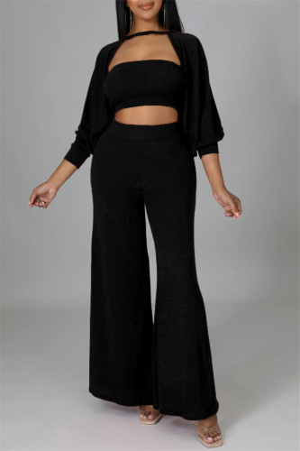 Black Fashion Casual Solid Hollowed Out Patchwork O Neck Long Sleeve Three-piece Set