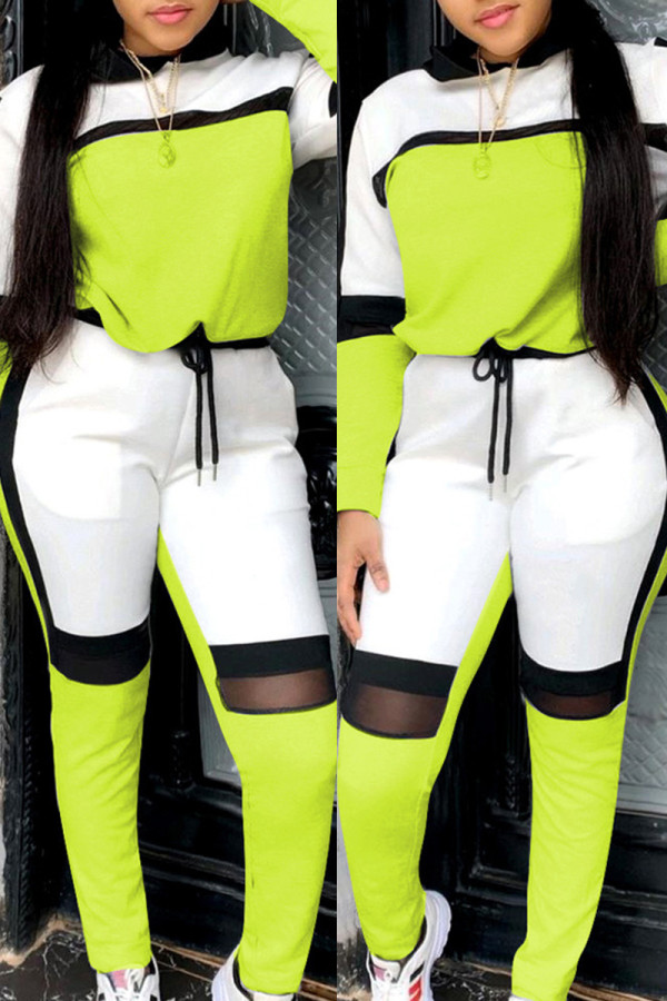 Vert fluo Fashion Casual Patchwork Basic O Neck Long Sleeve Two Pieces