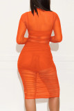 Оранжевый модный сексуальный однотонный прозрачный комплект из трех предметов с круглым вырезом и длинным рукавом