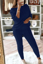 Blue Fashion Casual Long Sleeve Oblique Collar Regular Sleeve Regular Solid Two Pieces