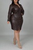 Brown Casual Solid Patchwork Buckle Turndown Collar One Step Skirt Plus Size Dresses