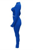 Синяя сексуальная повседневная однотонная водолазка с длинным рукавом из двух частей