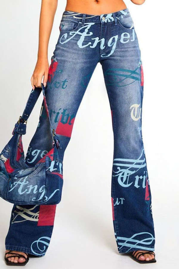 Deep Blue Street Print Patchwork Denim jeans med hög midja boot Cut