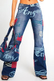 Diepblauwe streetprint patchwork hoge taille bootcut denim jeans