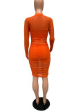 Orange Fashion Sexy Solid See-Through O Neck Long Sleeve Dreiteiliges Set