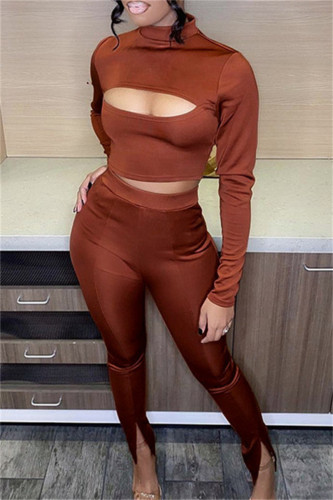 Brown Sexy Casual Solid Bandage Turtleneck Long Sleeve Two Pieces