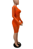 Оранжевый модный сексуальный однотонный прозрачный комплект из трех предметов с круглым вырезом и длинным рукавом