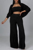 Black Fashion Casual Solid Hollowed Out Patchwork O Neck Long Sleeve Three-piece Set