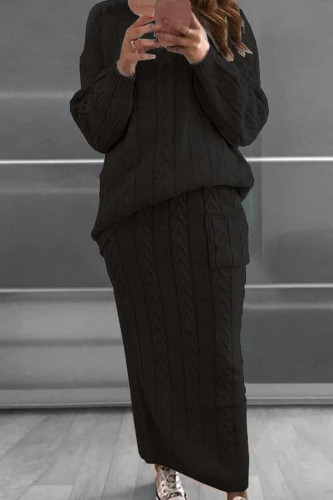 Black Fashion Casual Solid Patchwork O Neck Long Sleeve Two Pieces