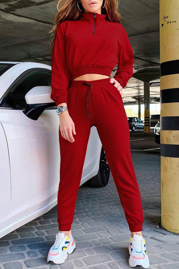 Red Fashion Casual Solid Patchwork Zipper Collar Long Sleeve Two Pieces