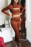 Brown Sexy Casual Solid Bandage Turtleneck Long Sleeve Two Pieces