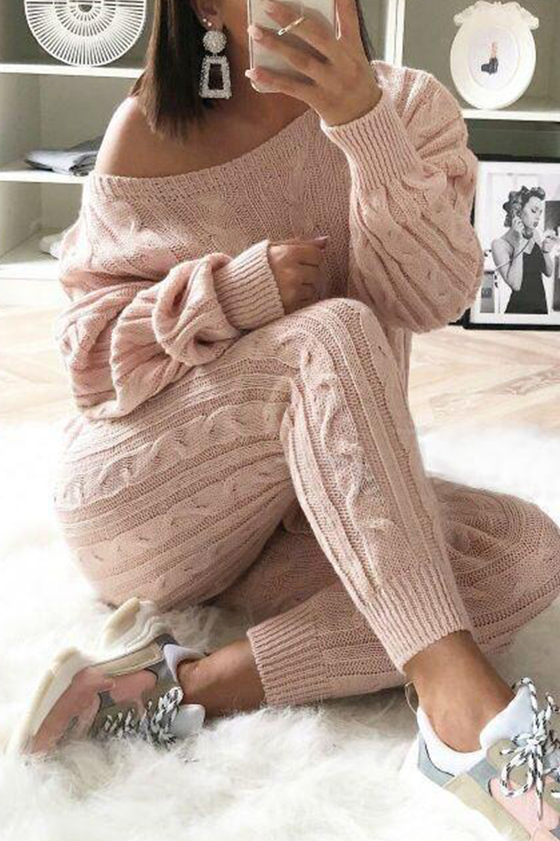 

Light Pink Fashion Casual Long Sleeve Oblique Collar Regular Sleeve Regular Solid Two Pieces