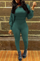 Green Casual Solid Patchwork Oblique Collar Long Sleeve Two Pieces