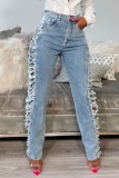 Light Blue Street Solid Ripped Make Old Patchwork High Waist Straight Denim Jeans