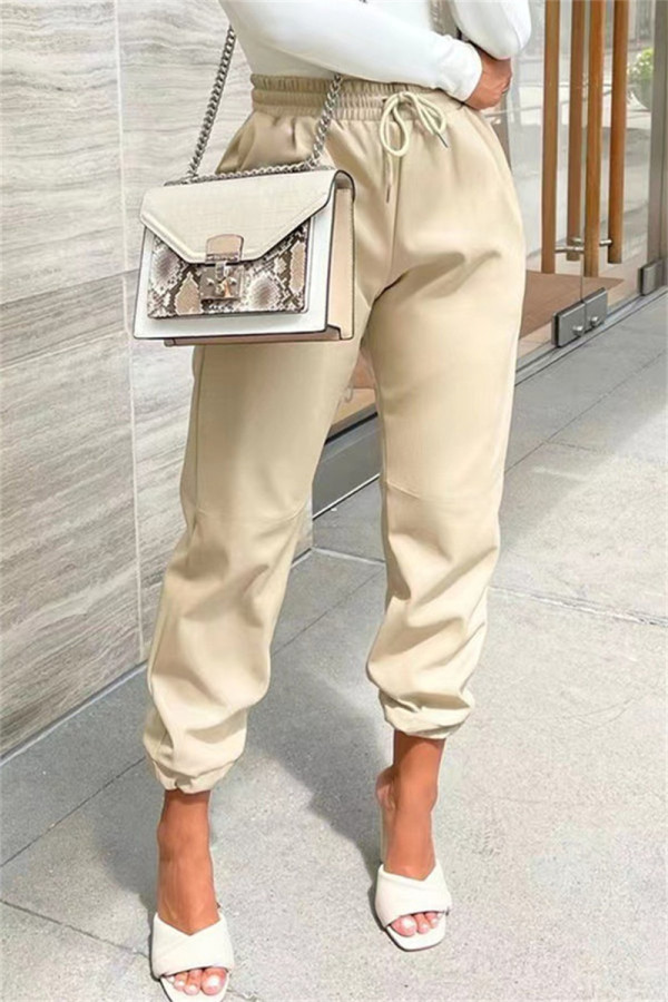 Pantalones de cintura alta regulares básicos sólidos casuales de moda albaricoque