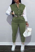 Vert Armée Mode Casual Patchwork Cardigan Pantalon Manches Longues Deux Pièces