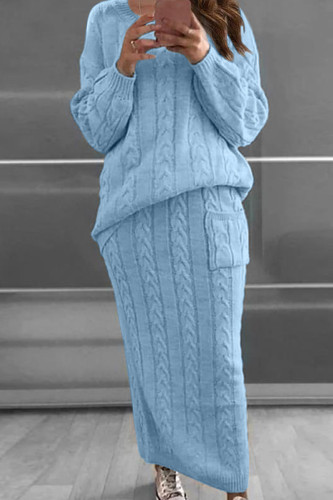 Sky Blue Fashion Casual Solid Patchwork O Neck Long Sleeve Two Pieces