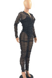 Black Sexy Solid Patchwork See-through Fold Zipper Collar Regular Jumpsuits (Two Pieces)