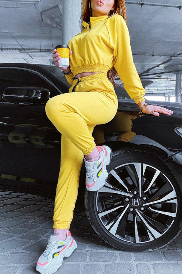 Yellow Fashion Casual Solid Patchwork Zipper Collar Long Sleeve Two Pieces