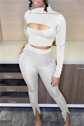 White Sexy Casual Solid Bandage Turtleneck Long Sleeve Two Pieces