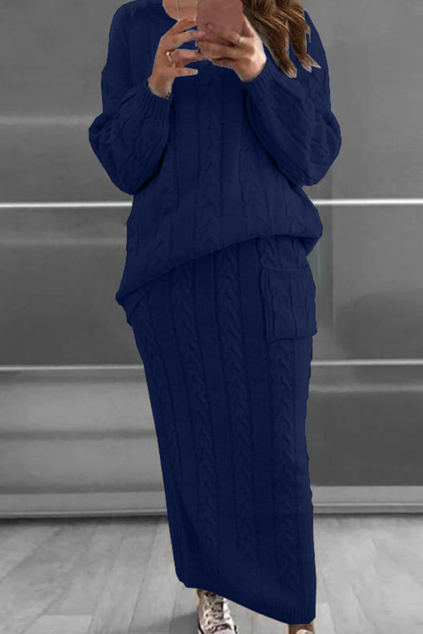 Королевский синий модный повседневный однотонный пэчворк с круглым вырезом и длинным рукавом из двух частей