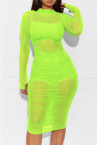 Fluorescerende groene mode Sexy effen doorschijnende O-hals driedelige set met lange mouwen