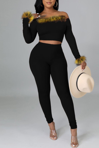 Black Sexy Solid Patchwork Feathers Off the Shoulder Long Sleeve Two Pieces
