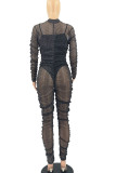 Svarta sexiga solida lapptäcken Genomskinliga vikbara dragkedjekrage vanliga jumpsuits (två delar)