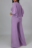 Фиолетовый модный повседневный однотонный лоскутный комплект из трех предметов с круглым вырезом и длинными рукавами