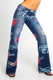 Deep Blue Street Print Patchwork Denim jeans med hög midja boot Cut