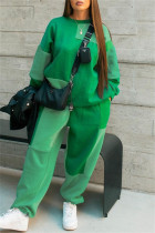 グリーンファッションカジュアルソリッドパッチワークOネック長袖ツーピース
