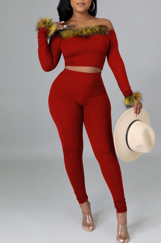 Red Sexy Solid Patchwork Feathers Off the Shoulder Long Sleeve Two Pieces