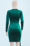 グリーンセクシーソリッドパッチワークフォールド非対称Vネックワンステップスカートドレス
