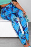 Синие облегающие брюки-карандаш с завышенной талией и принтом в стиле пэчворк, полный принт