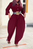 Black Casual Solid Patchwork Buckle Turndown Collar Loose Jumpsuits (Without Belt)