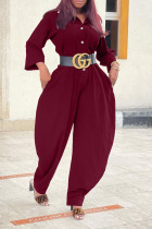 Burgundy Casual Solid Patchwork Buckle Turndown Collar Loose Jumpsuits (Without Belt)