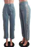 Light Blue Street Solid Ripped Make Old Patchwork High Waist Straight Denim Jeans
